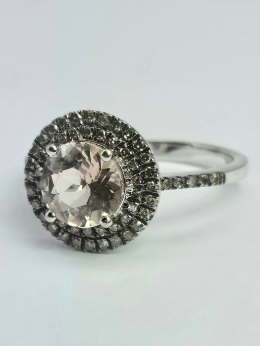2161 Vintage: 9ct White Gold Morganite & Diamond Double Halo Dress Ring