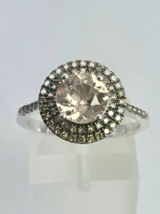 2161 Vintage: 9ct White Gold Morganite & Diamond Double Halo Dress Ring