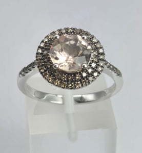 2161: Vintage; 9ct White Gold Pink Morganite 60 Natural Diamonds Halo Dress Ring