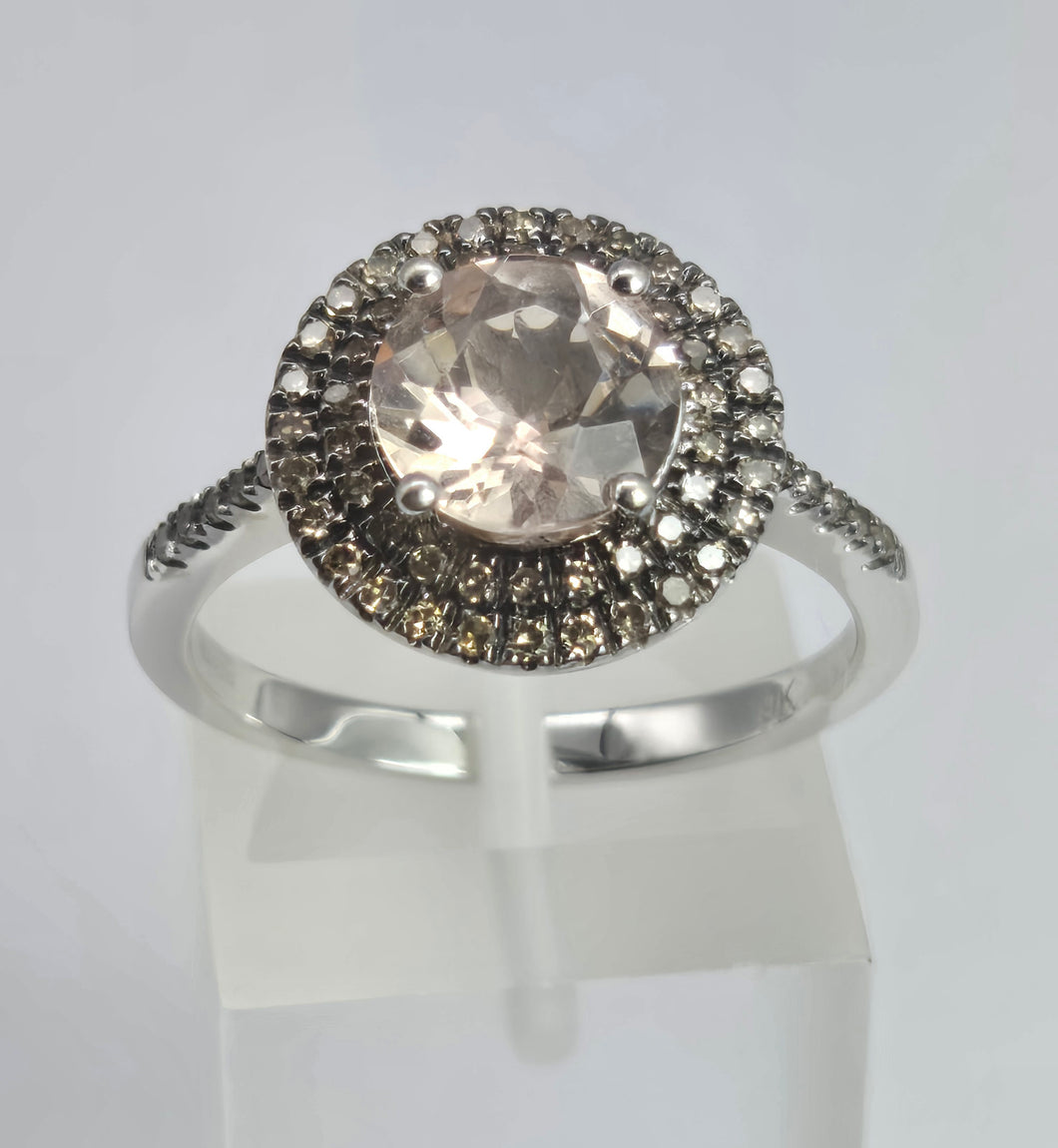 2161: Vintage; 9ct White Gold Pink Morganite 60 Natural Diamonds Halo Dress Ring