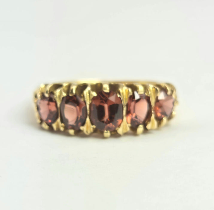 2196: Vintage; 18ct Gold 5 Almandine Garnets half-Eternity Ring- From London 1968