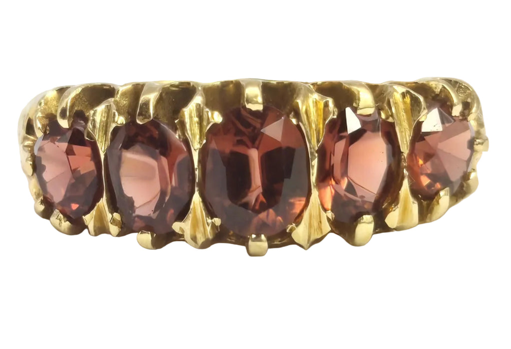 2196: Vintage; 18ct Gold 5 Almandine Garnets half-Eternity Ring- From London 1968