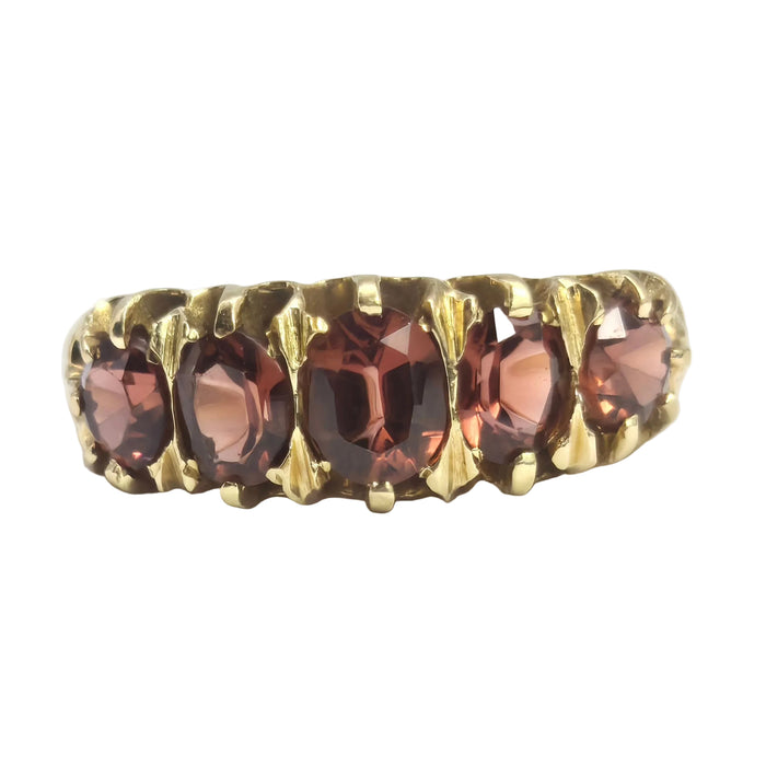 2196: Vintage; 18ct Gold 5 Almandine Garnets half-Eternity Ring- From London 1968
