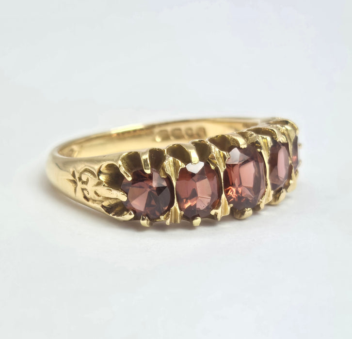 2196: Vintage; 18ct Gold 5 Almandine Garnets half-Eternity Ring- From London 1968