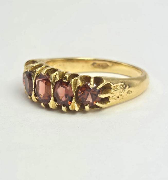 2196: Vintage; 18ct Gold 5 Almandine Garnets half-Eternity Ring- From London 1968