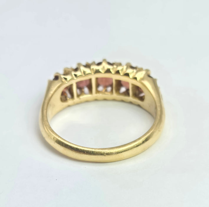 2196: Vintage; 18ct Gold 5 Almandine Garnets half-Eternity Ring- From London 1968