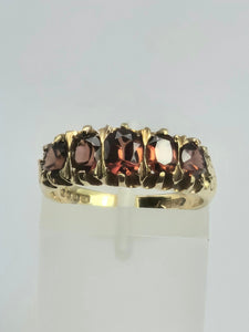 2196: Vintage; 18ct Gold 5 Almandine Garnets half-Eternity Ring- From London 1968