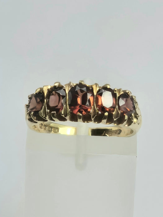 2196: Vintage; 18ct Gold 5 Almandine Garnets half-Eternity Ring- From London 1968