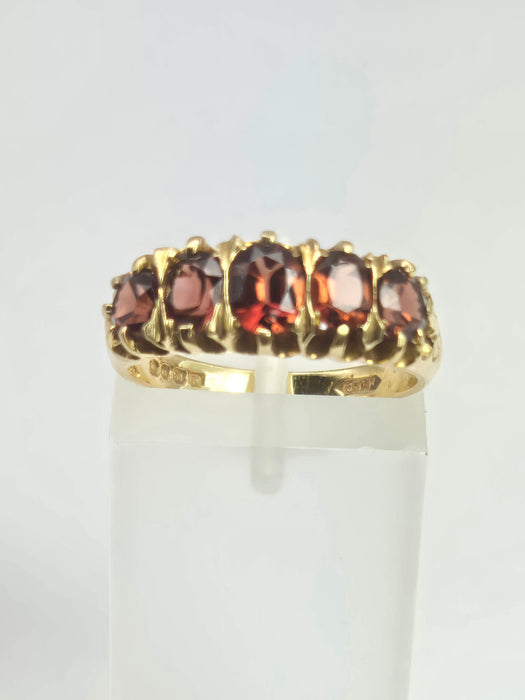 2196: Vintage; 18ct Gold 5 Almandine Garnets half-Eternity Ring- From London 1968