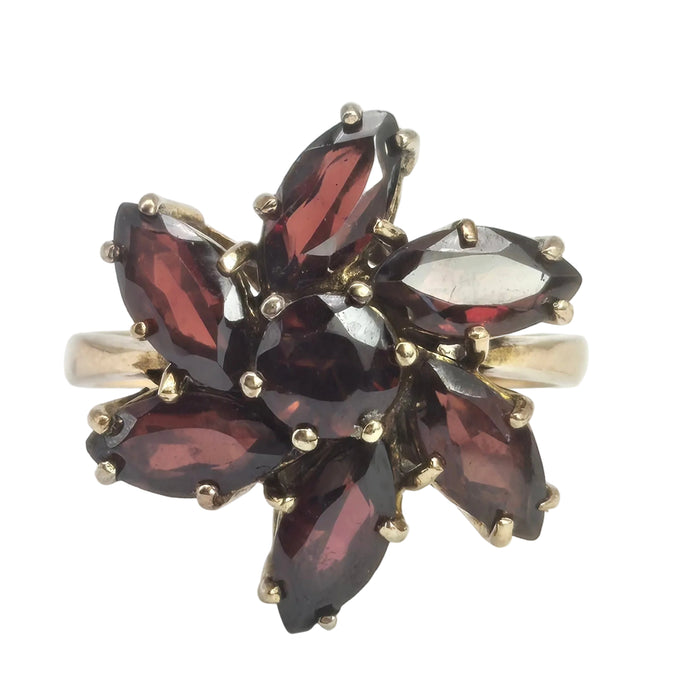 2197: Vintage: 9ct Gold Mixed-Cut Rich Red Garnets Cluster Ring- From 1976