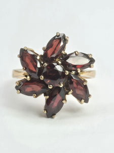2197: Vintage: 9ct Gold Mixed-Cut Rich Red Garnets Cluster Ring- From 1976