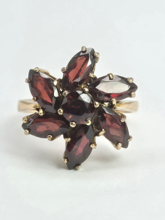 2197: Vintage: 9ct Gold Mixed-Cut Rich Red Garnets Cluster Ring- From 1976