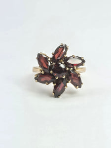 2197: Vintage: 9ct Gold Mixed-Cut Rich Red Garnets Cluster Ring- From 1976