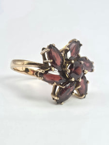 2197: Vintage: 9ct Gold Mixed-Cut Rich Red Garnets Cluster Ring- From 1976