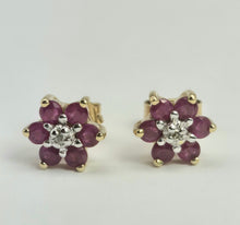 Load image into Gallery viewer, 2043: Vintage: Petite 9ct Gold Rubies Diamond Stud Earrings
