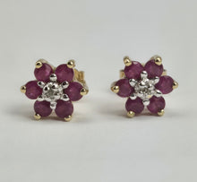 Load image into Gallery viewer, 2043: Vintage: Petite 9ct Gold Rubies Diamond Stud Earrings
