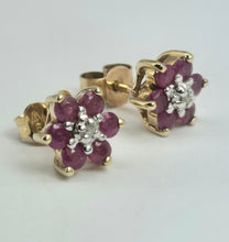 Load image into Gallery viewer, 2043: Vintage: Petite 9ct Gold Rubies Diamond Stud Earrings
