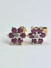 Load image into Gallery viewer, 2043: Vintage: Petite 9ct Gold Rubies Diamond Stud Earrings
