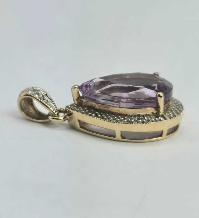 2045: Vintage: 9ct Gold  Pear-Cut Amethyst Diamonds Pendant