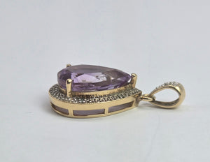 2045: Vintage: 9ct Gold  Pear-Cut Amethyst Diamonds Pendant