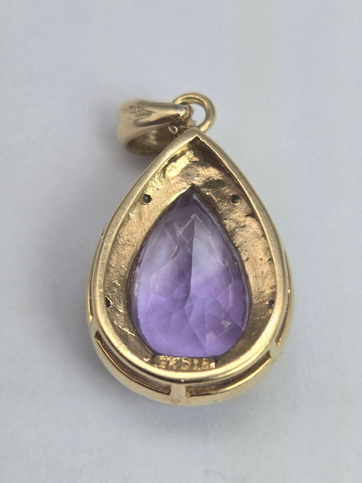 2045: Vintage: 9ct Gold  Pear-Cut Amethyst Diamonds Pendant