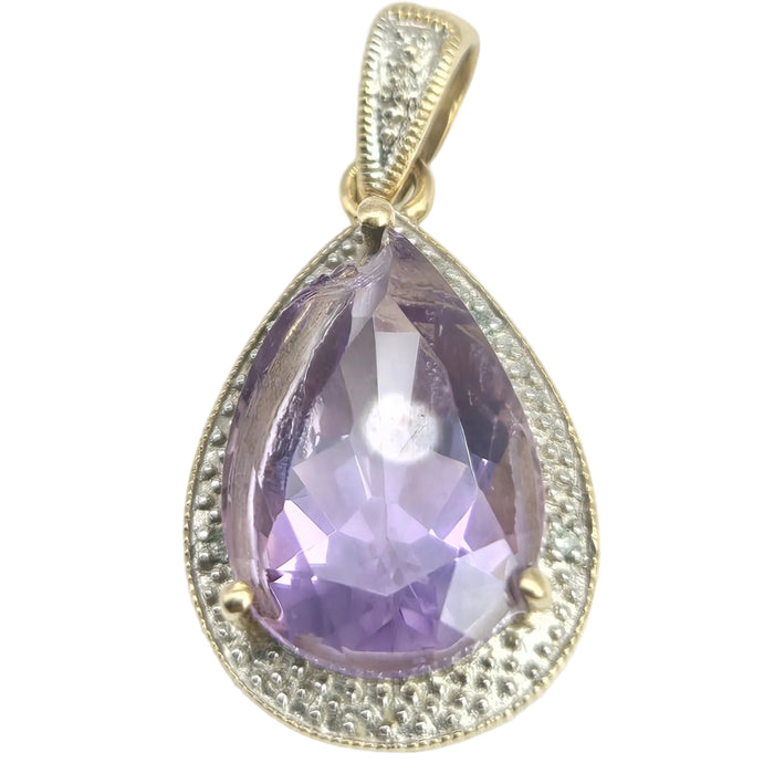 2045: Vintage: 9ct Gold  Pear-Cut Amethyst Diamonds Pendant