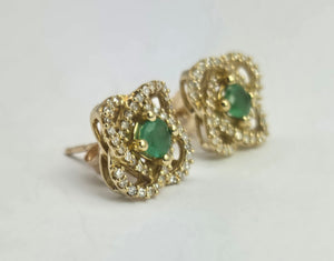 2063: Vintage: 9ct Gold Emerald Diamond Encrusted Stud Earrings- simply gorgeous