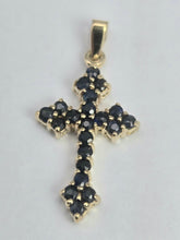 Load image into Gallery viewer, 2064 Vintage: 9ct Gold 21 Deep Blue Spinels Cross Pendant
