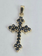 Load image into Gallery viewer, 2064 Vintage: 9ct Gold 21 Deep Blue Spinels Cross Pendant
