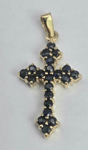 Load image into Gallery viewer, 2064 Vintage: 9ct Gold 21 Deep Blue Spinels Cross Pendant
