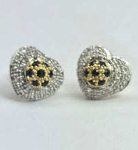 Load image into Gallery viewer, 2114: Vintage: 9ct Mixed Gold Blue 14 Sapphire 48 Diamonds Heart Shaped Stud Earrings.
