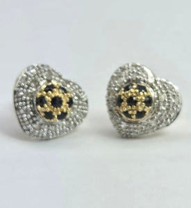 2114: Vintage: 9ct Mixed Gold Blue 14 Sapphire 48 Diamonds Heart Shaped Stud Earrings.