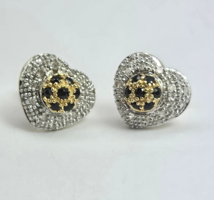 2114: Vintage: 9ct Mixed Gold Blue 14 Sapphire 48 Diamonds Heart Shaped Stud Earrings.