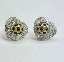 Load image into Gallery viewer, 2114: Vintage: 9ct Mixed Gold Blue 14 Sapphire 48 Diamonds Heart Shaped Stud Earrings.
