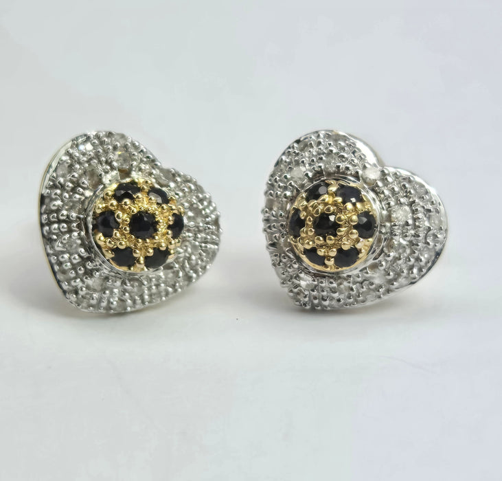 2114: Vintage: 9ct Mixed Gold Blue 14 Sapphire 48 Diamonds Heart Shaped Stud Earrings.