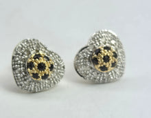 Load image into Gallery viewer, 2114: Vintage: 9ct Mixed Gold Blue 14 Sapphire 48 Diamonds Heart Shaped Stud Earrings.
