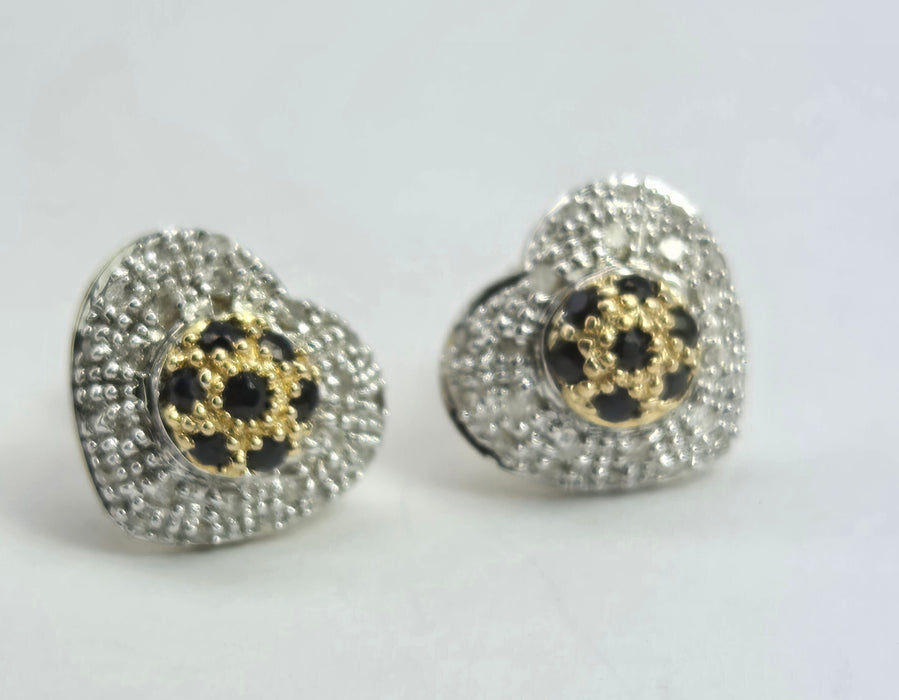2114: Vintage: 9ct Mixed Gold Blue 14 Sapphire 48 Diamonds Heart Shaped Stud Earrings.