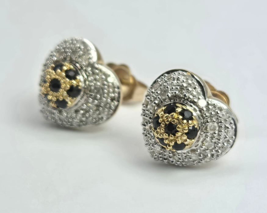 2114: Vintage: 9ct Mixed Gold Blue 14 Sapphire 48 Diamonds Heart Shaped Stud Earrings.