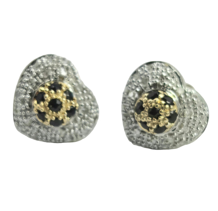 2114: Vintage: 9ct Mixed Gold Blue 14 Sapphire 48 Diamonds Heart Shaped Stud Earrings.