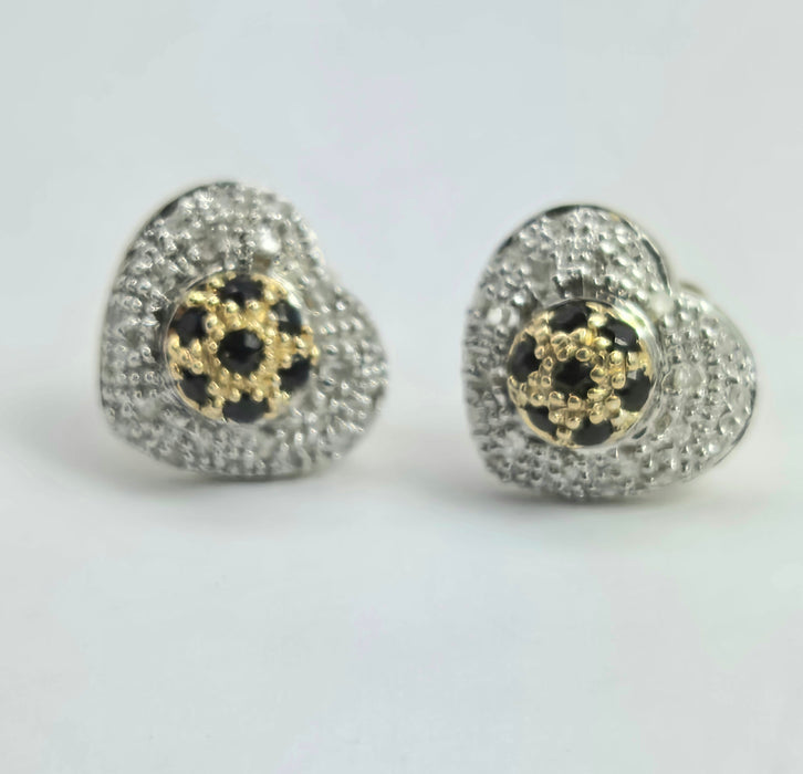2114: Vintage: 9ct Mixed Gold Blue 14 Sapphire 48 Diamonds Heart Shaped Stud Earrings.