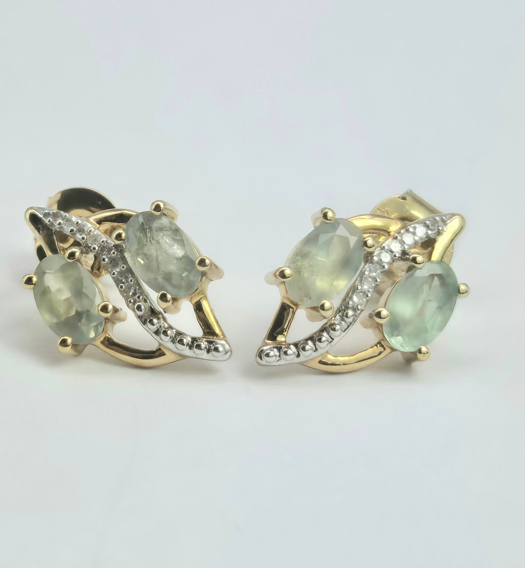 2173 Vintage: 9ct Gold Mint Green Topaz 16 Natural Diamonds Stud Earrings
