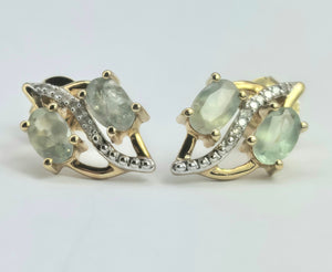 2173 Vintage: 9ct Gold Mint Green Topaz 16 Natural Diamonds Stud Earrings