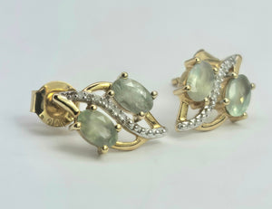 2173 Vintage: 9ct Gold Mint Green Topaz 16 Natural Diamonds Stud Earrings