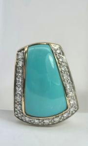 2175 Vintage: 9ct Gold Turquoise 20 Natural Diamonds Pendant