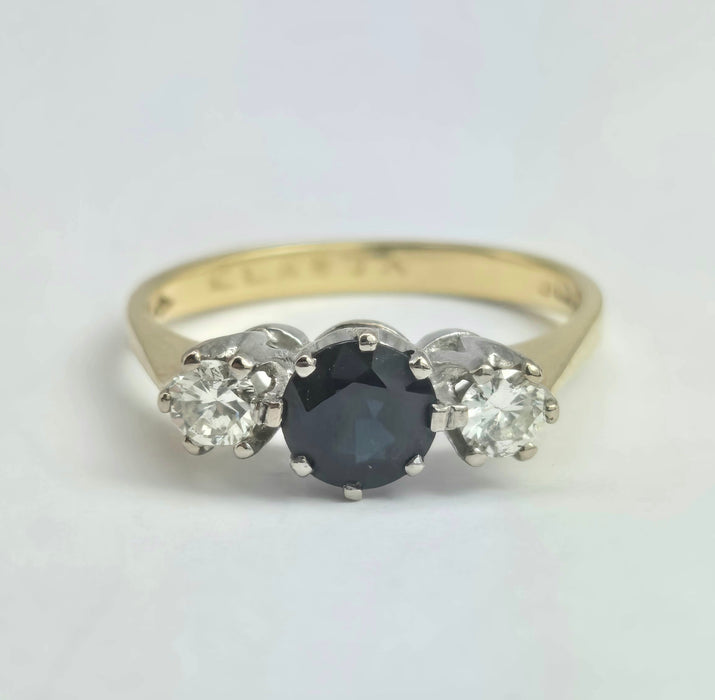 2071 Vintage: 18ct Yellow Gold French Blue Sapphire & Diamond Three Stone Ring — From 1984