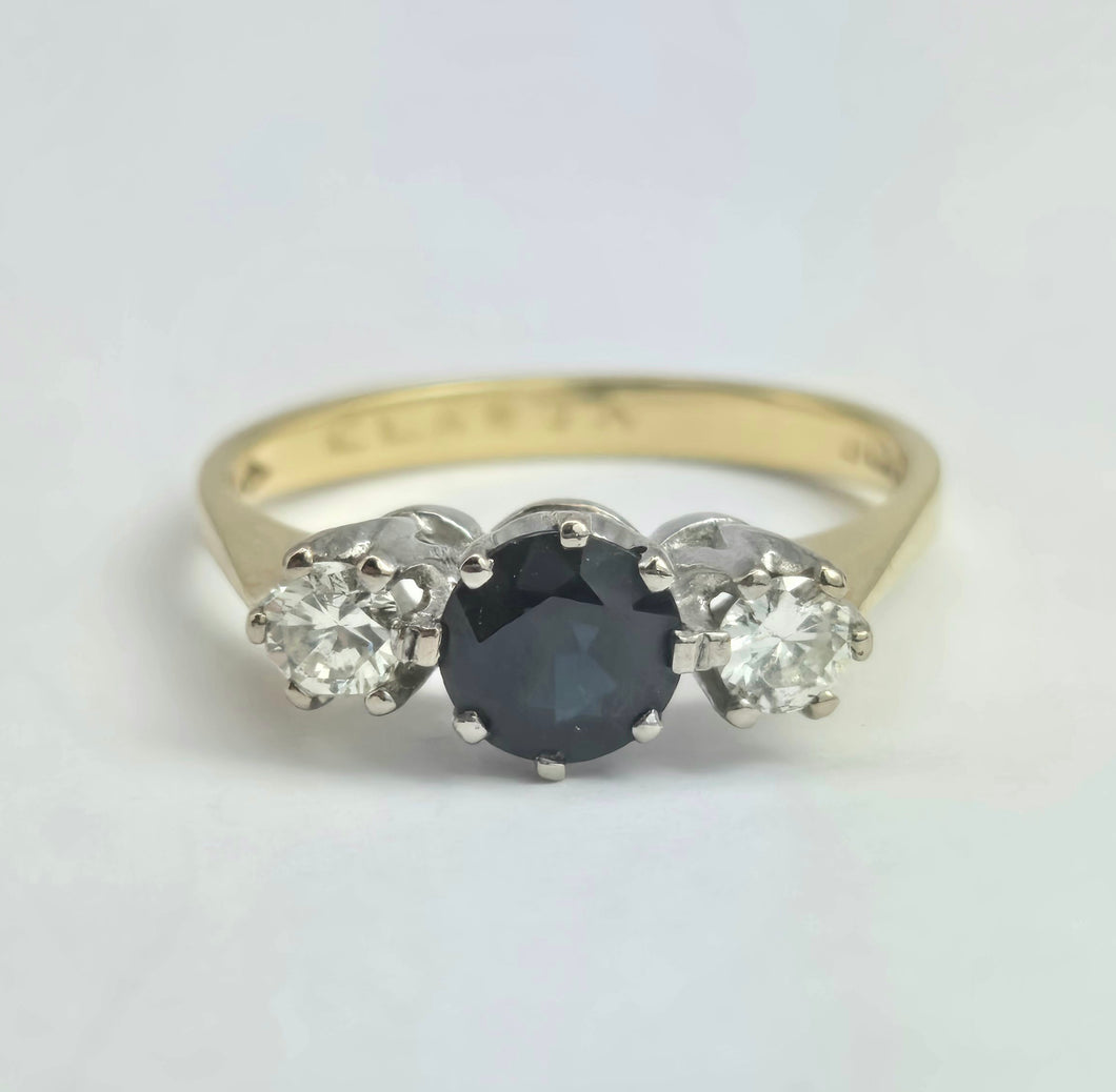 2071: Vintage; 18ct Gold French Blue Sapphire Diamonds (0.3ct) Three Stone Ring- From 1984