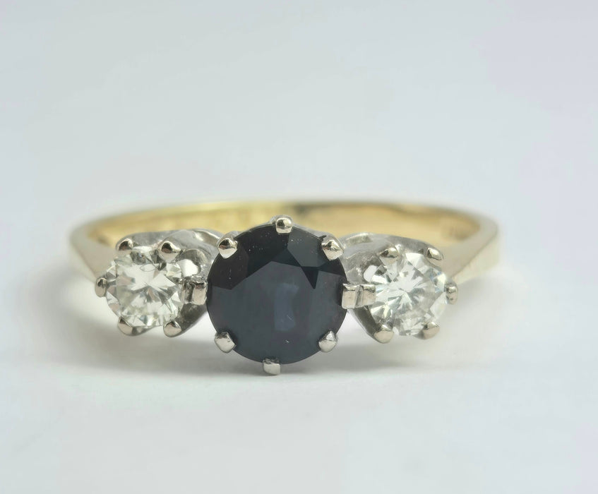 2071 Vintage: 18ct Yellow Gold French Blue Sapphire & Diamond Three Stone Ring — From 1984