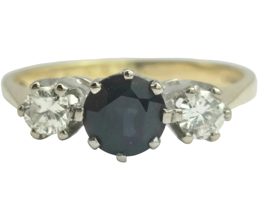 2071 Vintage: 18ct Yellow Gold French Blue Sapphire & Diamond Three Stone Ring — From 1984