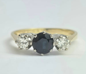 2071: Vintage; 18ct Gold French Blue Sapphire Diamonds (0.3ct) Three Stone Ring- From 1984