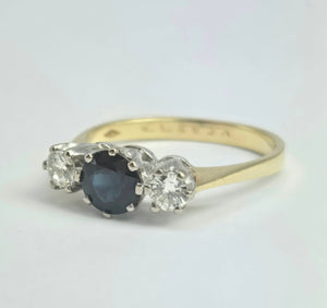 2071: Vintage; 18ct Gold French Blue Sapphire Diamonds (0.3ct) Three Stone Ring- From 1984